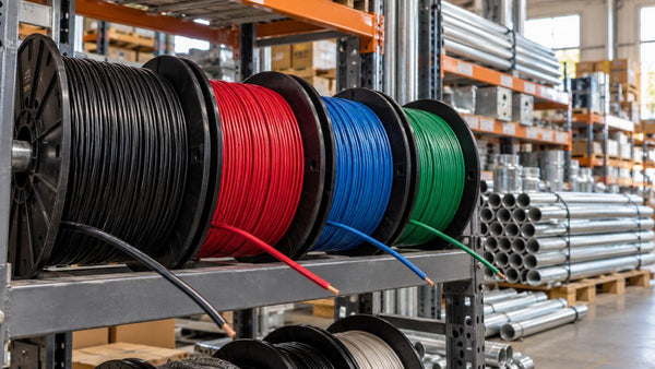 Colored electrical building wire spools in warehouse