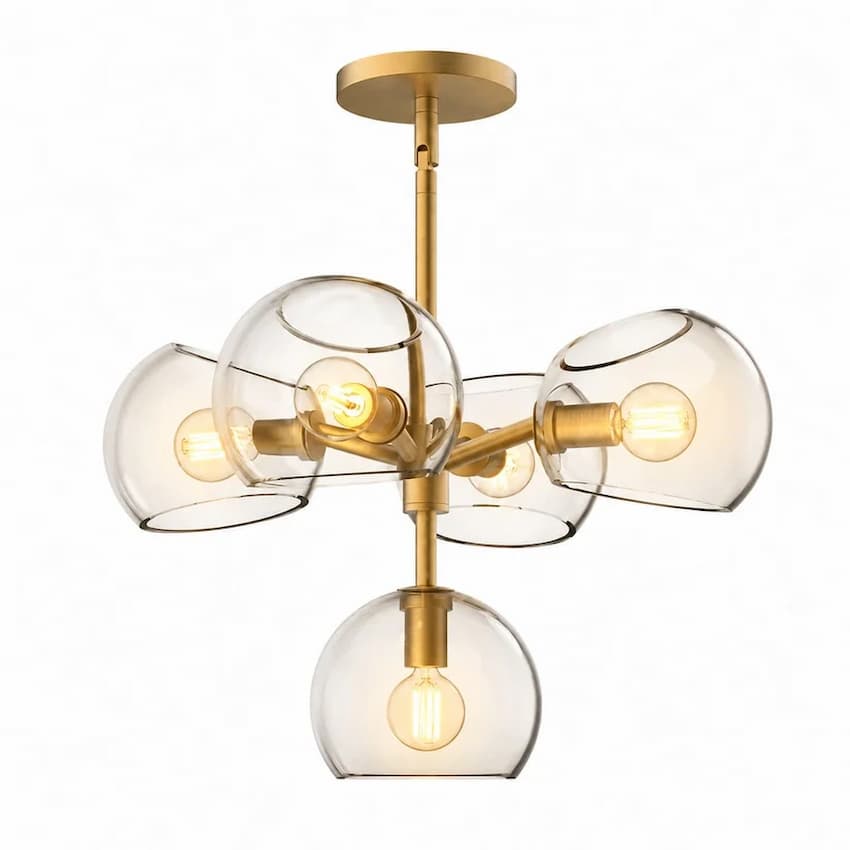 Alora Mood Willow CH548518BGCL 5-Light Chandelier in Brushed Gold with Clear Glass Shades, Front View, Unlit