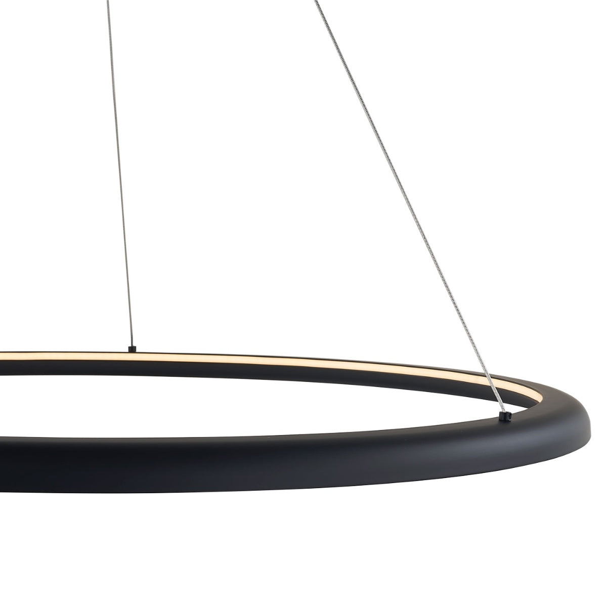 Modern Abra Saturn 36-inch dual ring LED pendant fixture for dining rooms, living spaces, and statement lighting