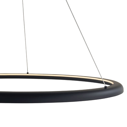 Modern Abra Saturn 36-inch dual ring LED pendant fixture for dining rooms, living spaces, and statement lighting