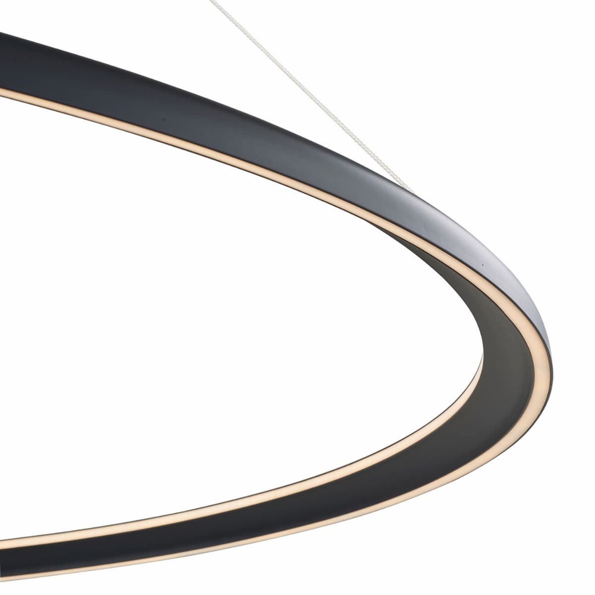 Modern Abra Saturn 48-inch dual ring LED pendant fixture for dining rooms, living spaces, and statement lighting