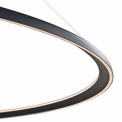 Modern Abra Saturn 60-inch dual ring LED pendant fixture for dining rooms, living spaces, and statement lighting