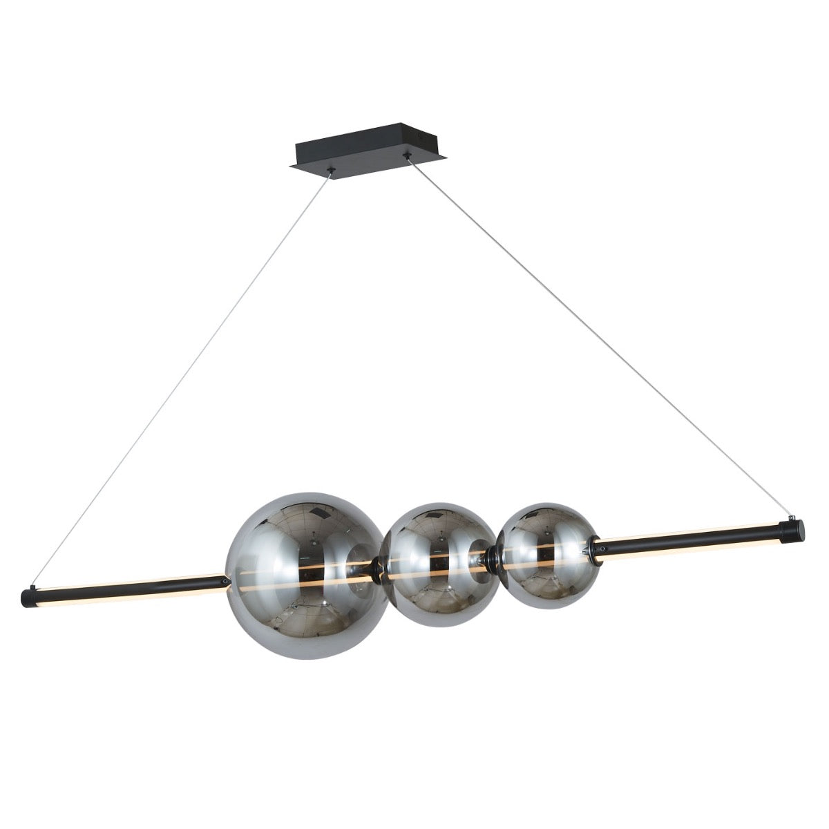 Abra 10026PN Orb linear bar pendant light with three glass globe accents and dual-direction illumination for contemporary interiors