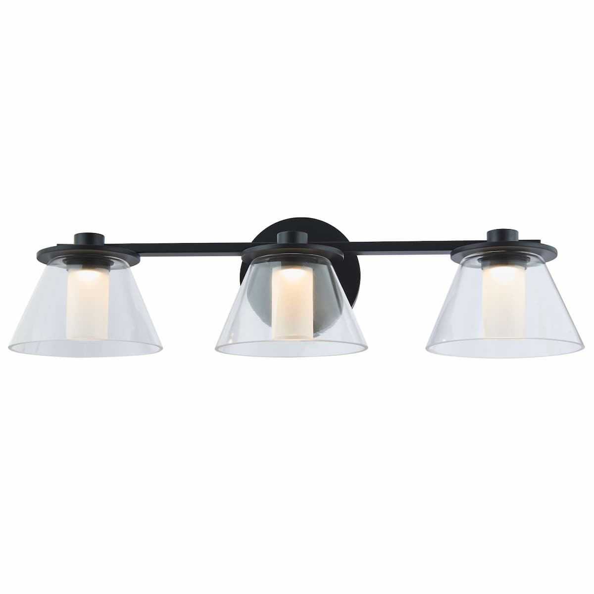Abra Cone 20127WV 3-light vanity fixture with clear glass cone shades and opal glass diffusers for modern bathroom lighting