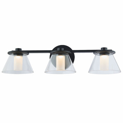 Abra Cone 20127WV 3-light vanity fixture with clear glass cone shades and opal glass diffusers for modern bathroom lighting