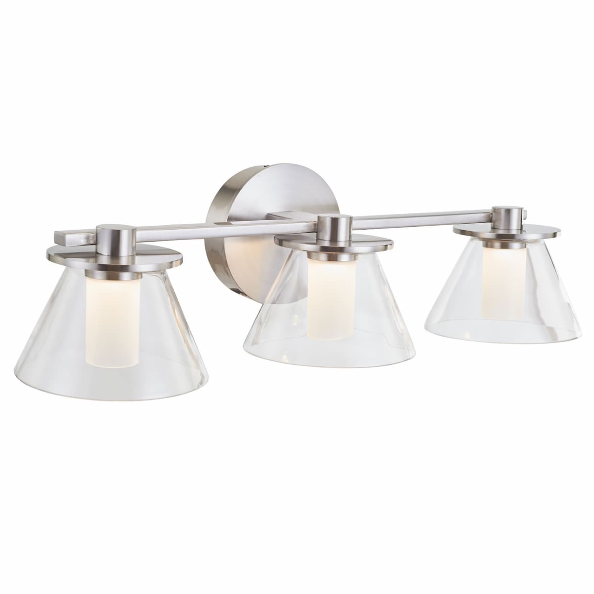 Abra 20127WV Cone 3-light bathroom vanity fixture with elegant clear glass cones and opal glass diffusers for residential interiors