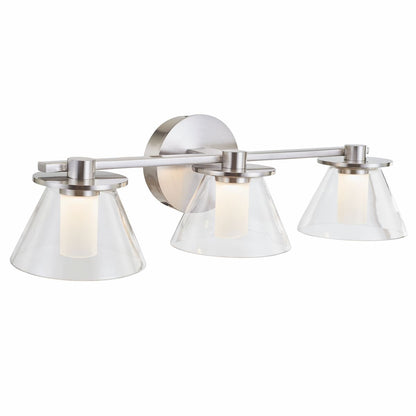 Abra 20127WV Cone 3-light bathroom vanity fixture with elegant clear glass cones and opal glass diffusers for residential interiors