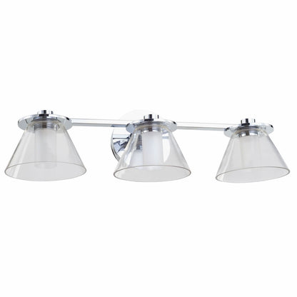 Modern Abra Cone 3-light vanity light with clear glass cone shades and opal glass diffusers for stylish mirror lighting