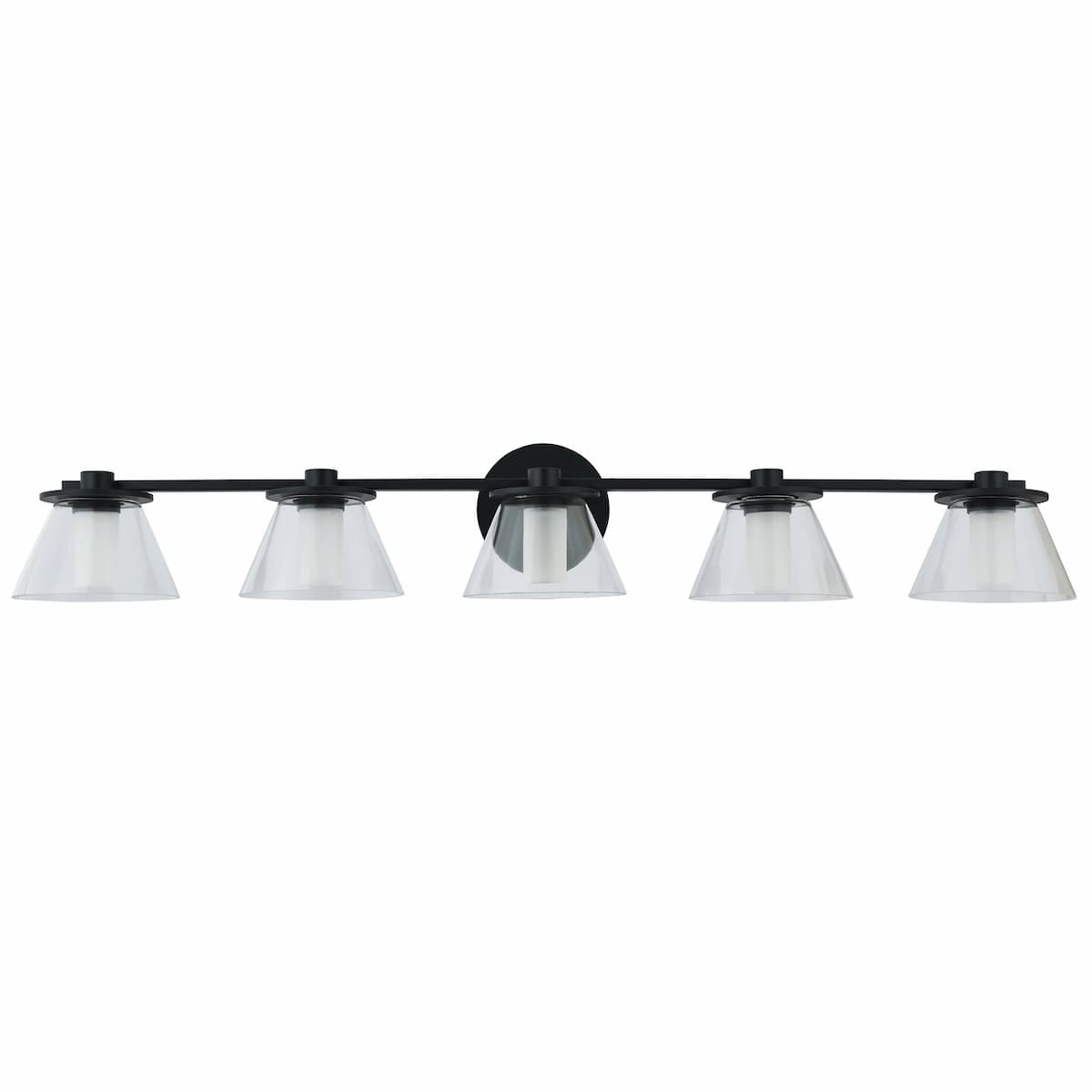 Abra Cone 20129WV wall vanity light featuring five clear glass cone shades with opal glass diffusers for soft illumination