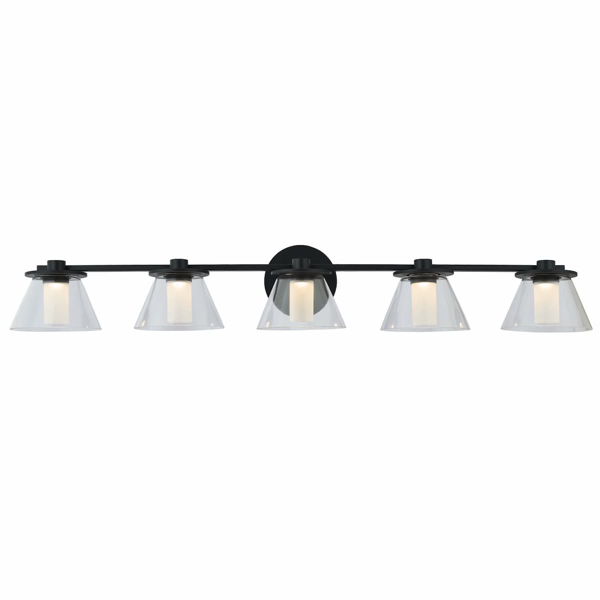 Abra Cone 20129WV 5-light vanity fixture with clear glass cone shades and opal glass diffusers for modern bathroom lighting