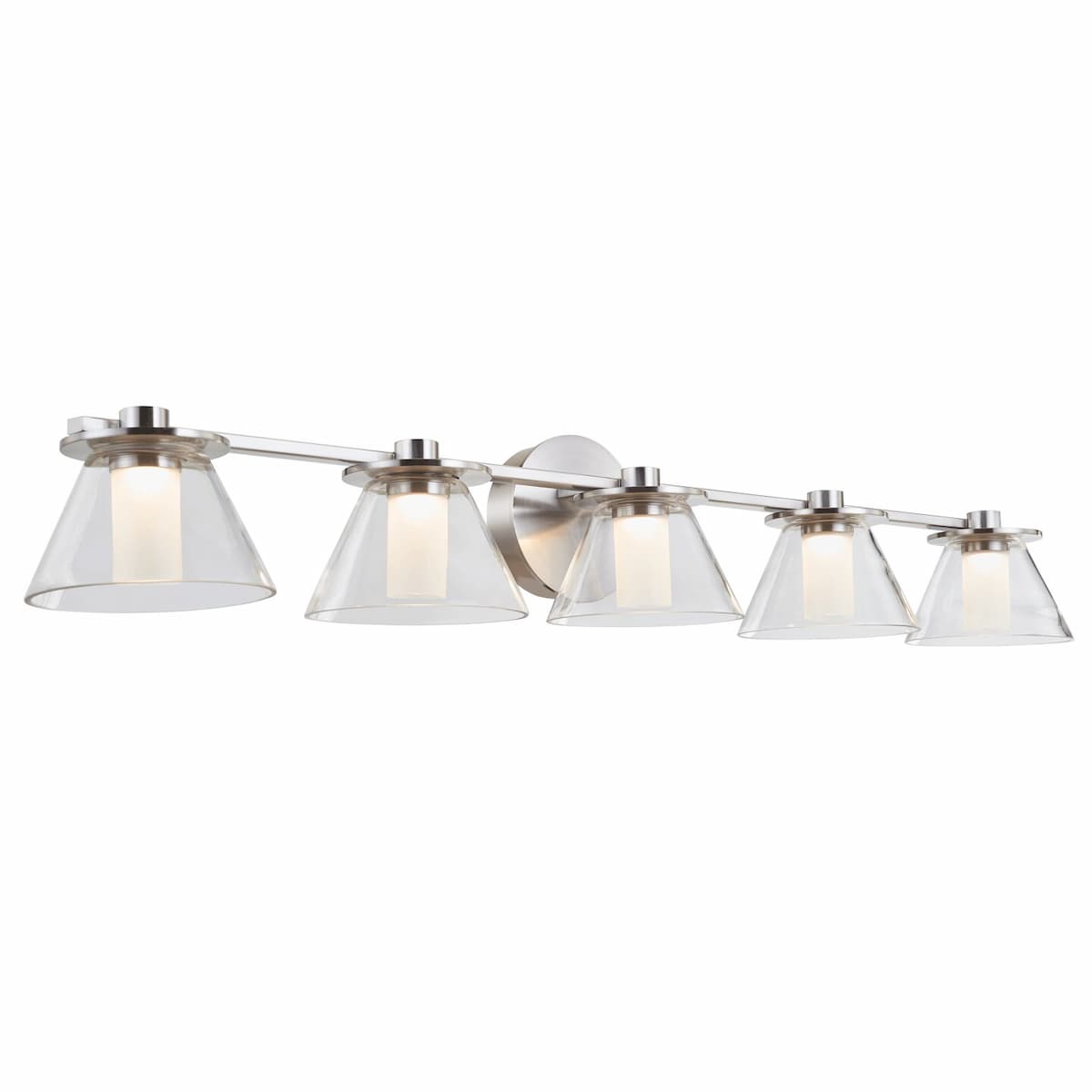 Abra 20129WV Cone 5-light bathroom vanity fixture with elegant clear glass cones and opal glass diffusers for residential interiors