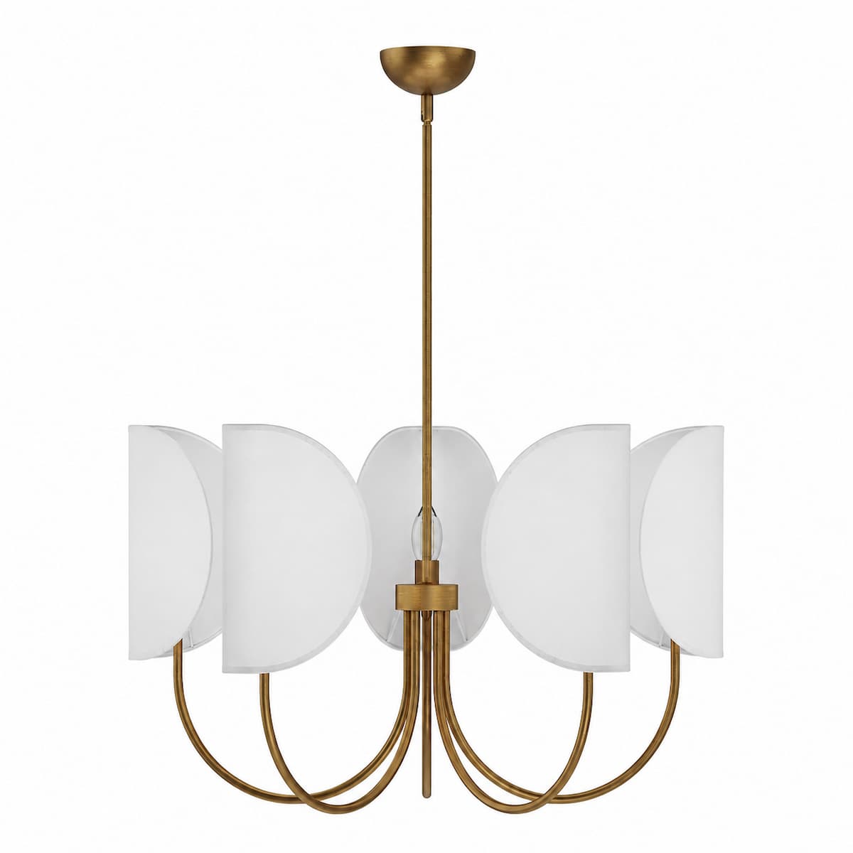 Alora Mood Seno collection CH450732AGCW 5-light chandelier featuring Aged Gold steel frame and elegant curved arms, illuminated view