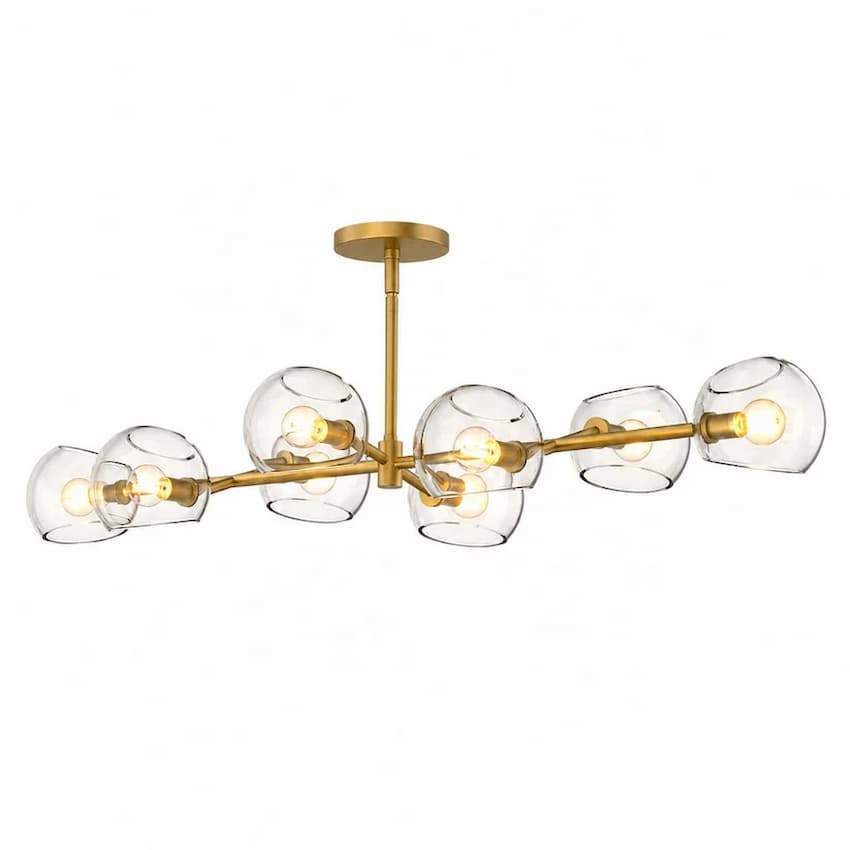 Alora Mood Willow LP548848BGCL 48-Inch 8-Light Linear Pendant in Brushed Gold Finish with Clear Glass Shades, Front View, Unlit