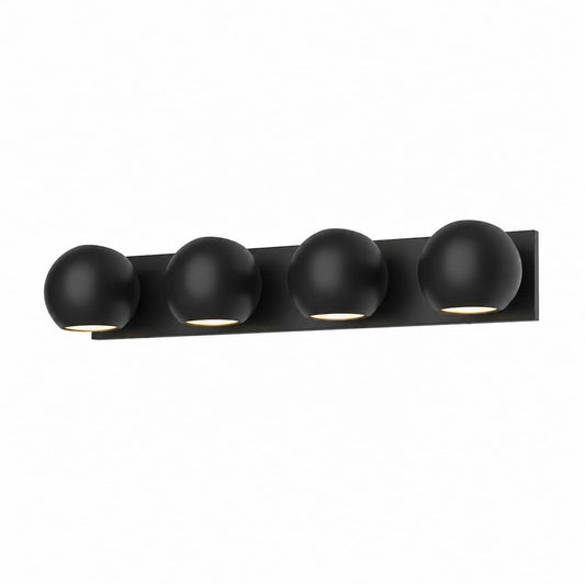 Alora Mood Willow VL648431MB 31-inch four-light vanity light with matte black steel shades and matching rectangular backplate