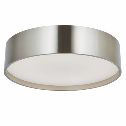 Abra Snare 30026FM flush mount ceiling fixture featuring selectable 3CCT LED lighting, metal cylinder design, and frosted glass shade