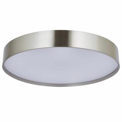 Abra Snare 30028FM flush mount ceiling fixture featuring selectable 3CCT LED lighting, metal cylinder design, and frosted glass shade