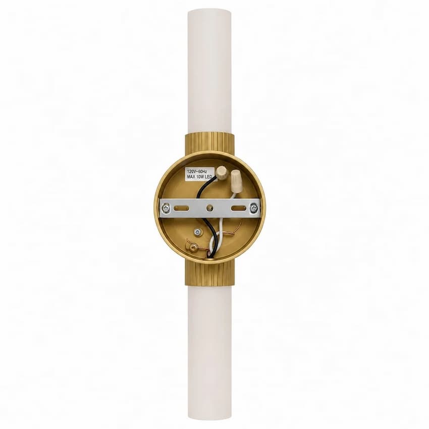 Alora Mood VL416102BG Rue Modern Vanity Light in Brushed Gold with Two Glossy Opal Glass Diffusers and Skyscraper-Inspired Design