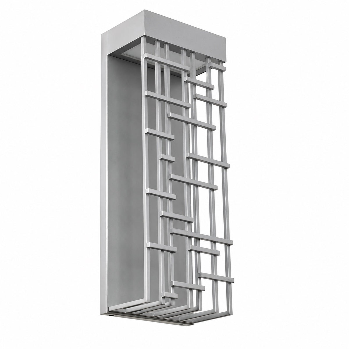 Architectural exterior wall light with integrated LED, perforated metal housing, and soft diffused illumination
