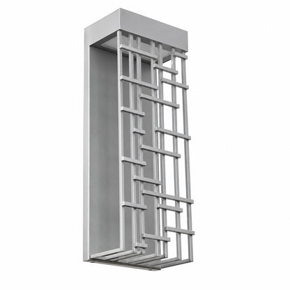 Architectural exterior wall light with integrated LED, perforated metal housing, and soft diffused illumination