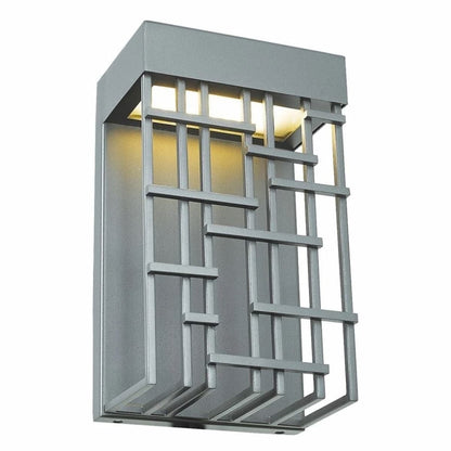 Contemporary outdoor LED wall sconce with lattice metal shade for patios, entryways, and exterior walls
