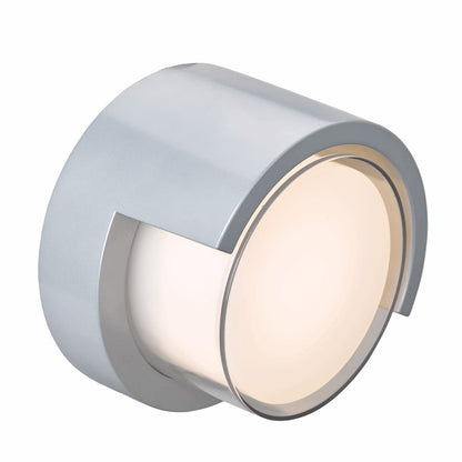 Modern Abra Geo round hooded wall fixture for entryways, patios, facades, and wet location exterior applications