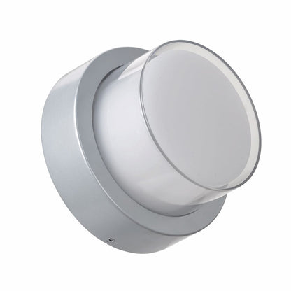 Modern Abra Geo round wall fixture designed for patios, entryways, facades, and wet location exterior applications