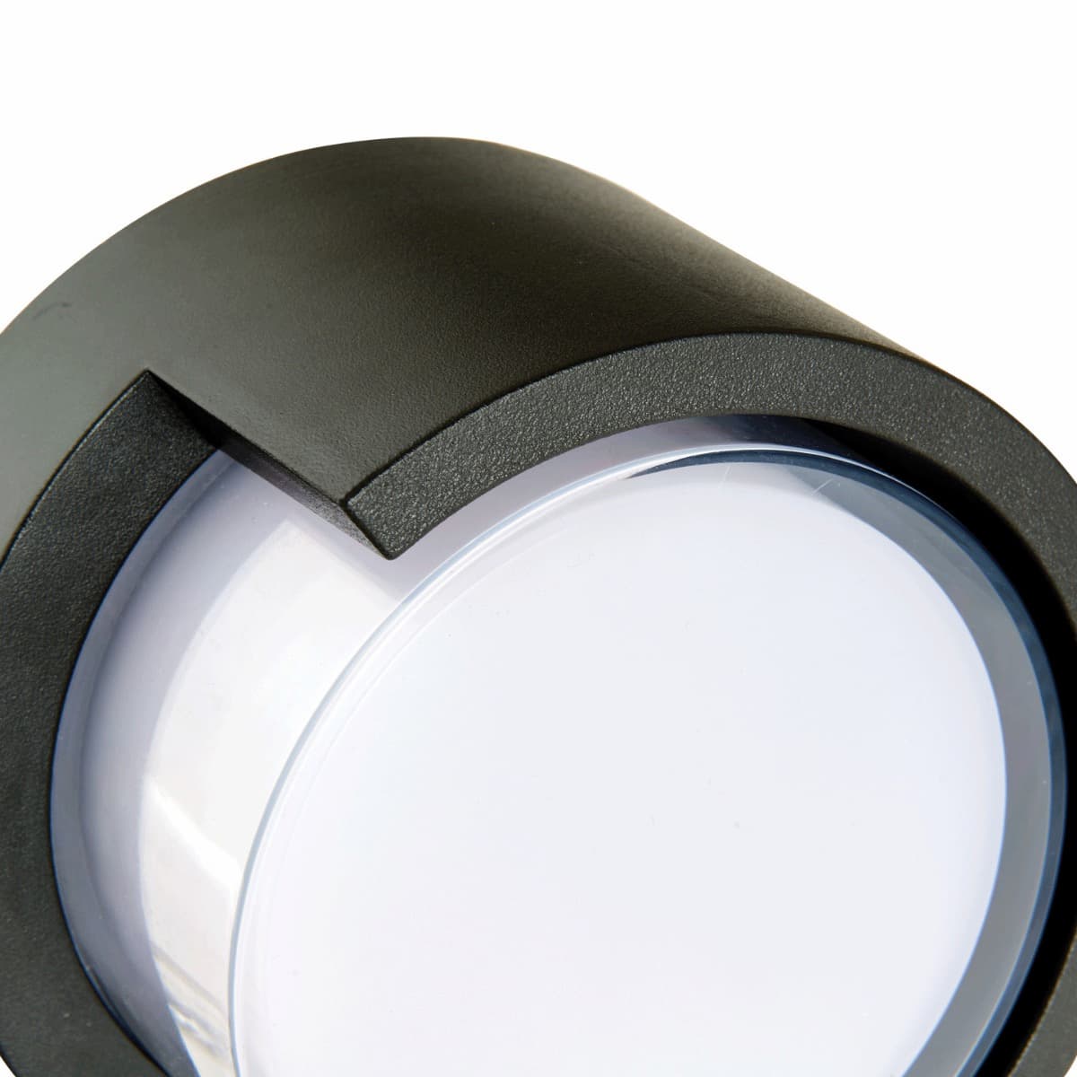 Abra Geo 50021ODW wet location wall light featuring a sleek round hooded design for contemporary outdoor spaces