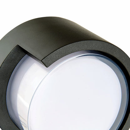 Abra Geo 50021ODW wet location wall light featuring a sleek round hooded design for contemporary outdoor spaces