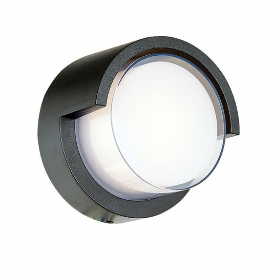Abra Geo 50021ODW round hooded outdoor wall sconce designed for modern wet location exterior lighting