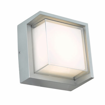Modern Abra Geo square outdoor wall fixture with hooded profile for entryways, patios, and wet location exteriors