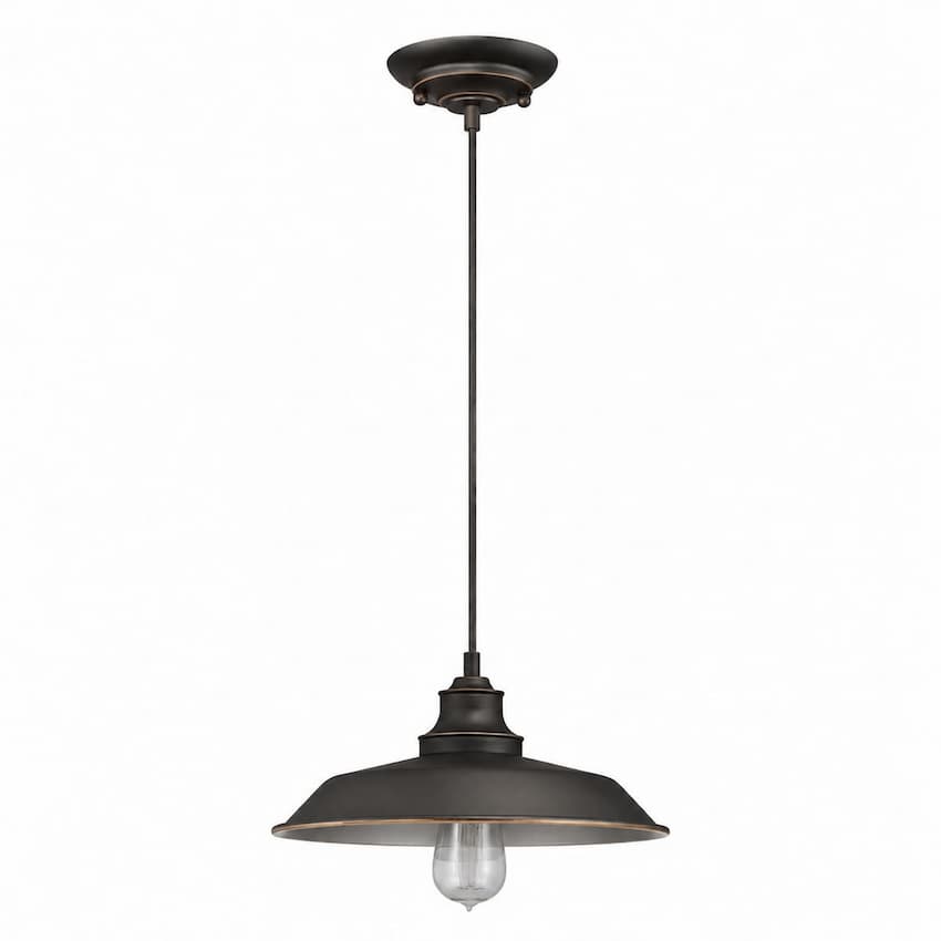 Westinghouse Iron Hill 6344700 indoor pendant featuring an oil rubbed bronze metal shade with metallic bronze interior