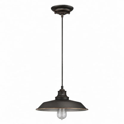 Westinghouse Iron Hill 6344700 indoor pendant featuring an oil rubbed bronze metal shade with metallic bronze interior