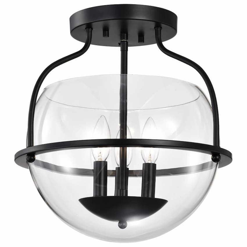 Satco Amado Semi-Flush Mount 60-7823 featuring matte black steel construction and a clear glass bowl shade