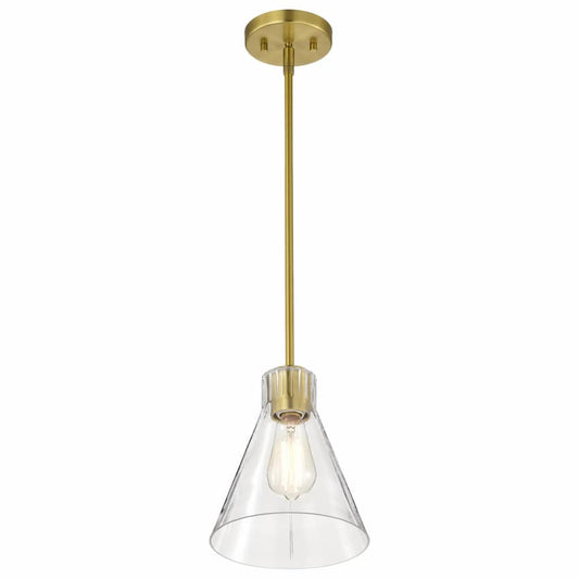 Nuvo Gianna 60-8347 mini pendant with vintage brass finish and clear cone-shaped glass shade