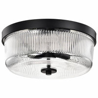 Satco Grayson 60-8608 13.5-inch 2-light flush mount ceiling fixture in matte black finish with clear ribbed glass