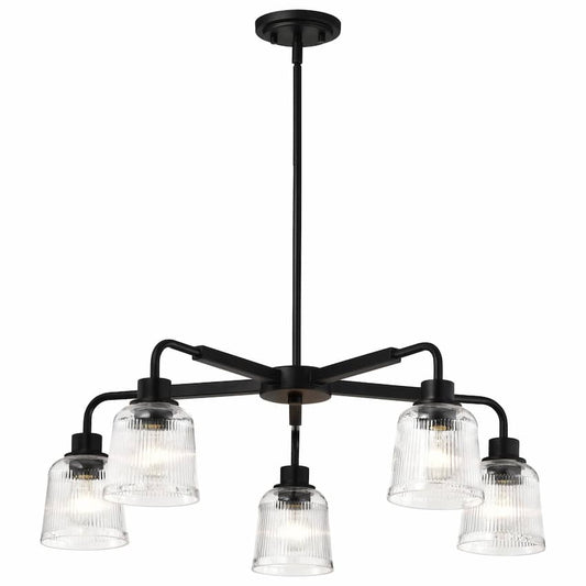 SATCO Nuvo Grayson 60-8611 30-inch 5-light chandelier with Matte Black finish and elegant clear ribbed glass shades