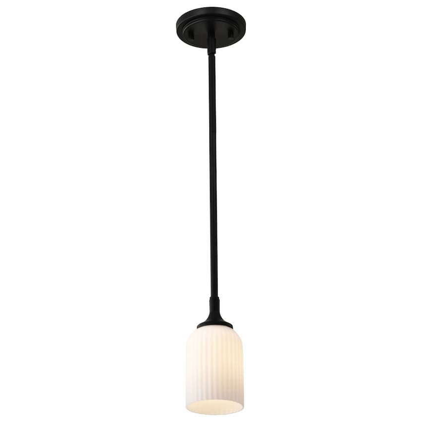 Nuvo Solara 60-8645 mini pendant with matte black finish and elegant frosted ribbed glass shade