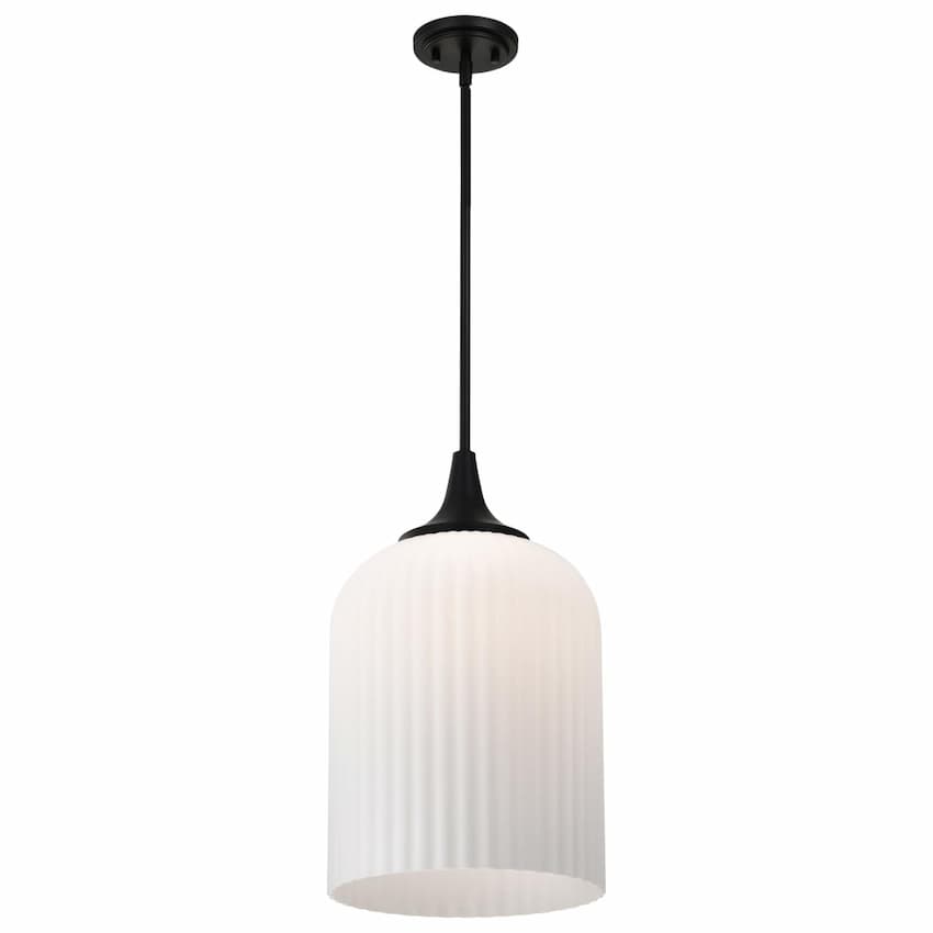 Nuvo Solara 60-8646 12-inch pendant light with matte black finish and elegant frosted ribbed glass shade