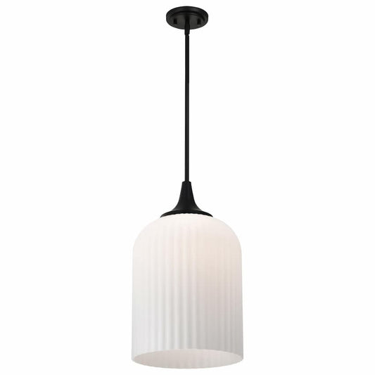 Nuvo Solara 60-8646 12-inch pendant light with matte black finish and elegant frosted ribbed glass shade