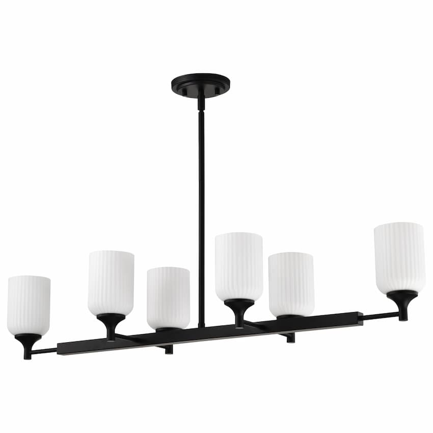 Nuvo 60-8649 Solara island pendant featuring six frosted ribbed glass shades and a sleek matte black steel frame
