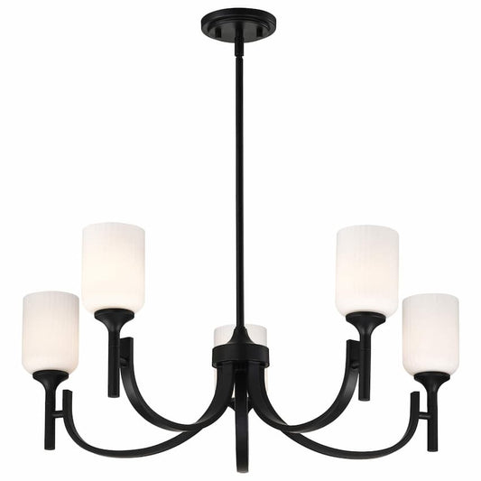 SATCO Nuvo Solara 60-8650 30-inch 5-light chandelier with Matte Black finish and elegant frosted ribbed glass shades