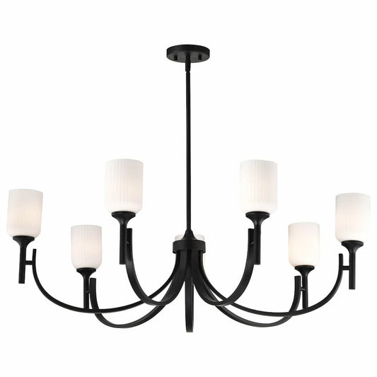 SATCO Nuvo Solara 60-8651 40-inch 7-light chandelier with Matte Black finish and elegant frosted ribbed glass shades