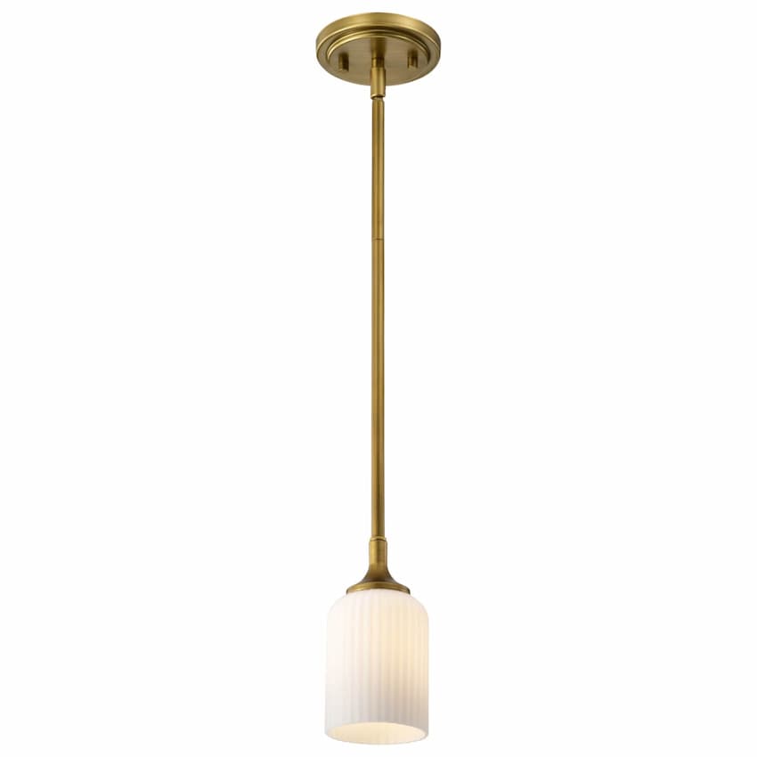 Nuvo Solara 60-8665 mini pendant with natural brass finish and elegant frosted ribbed glass shade