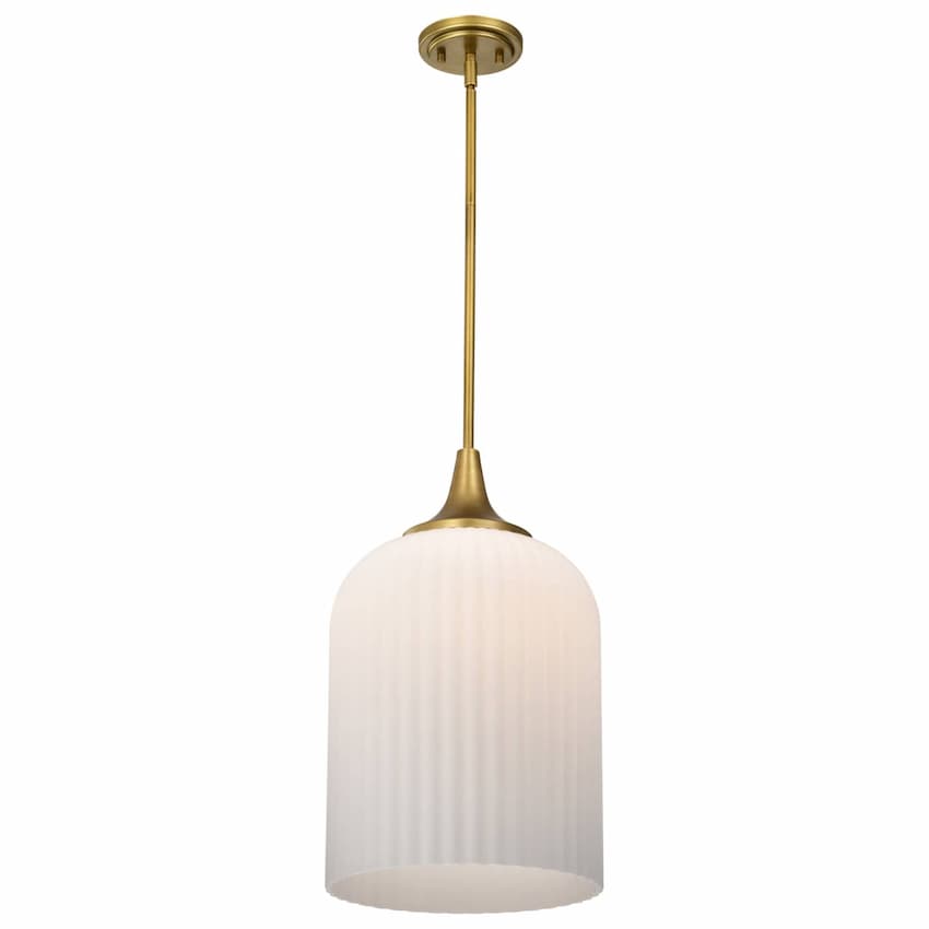 Nuvo Solara 60-8666 12-inch pendant light with natural brass finish and elegant frosted ribbed glass shade