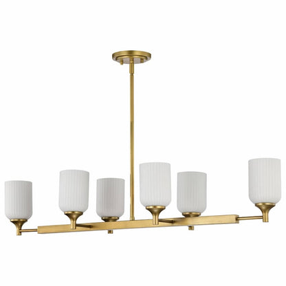 Nuvo 60-8669 Solara island pendant featuring six frosted ribbed glass shades and elegant natural brass steel frame