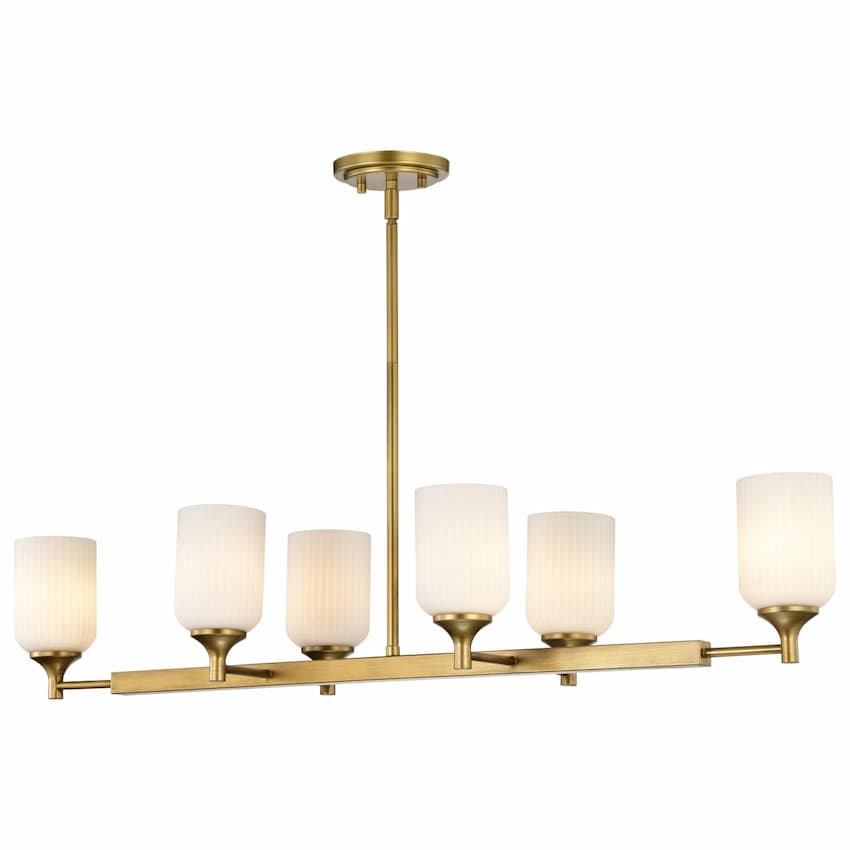 Nuvo Solara 60-8669 six-light island pendant with natural brass finish and frosted ribbed glass shades