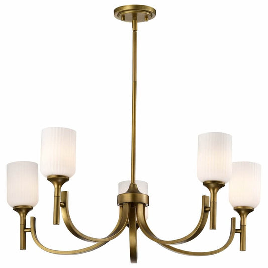 SATCO Nuvo Solara 60-8670 30-inch 5-light chandelier with Natural Brass finish and elegant frosted ribbed glass shades