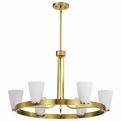 Nuvo Royale 60-8726 30-inch chandelier featuring six ribbed white glass shades and sophisticated Burnished Brass steel construction