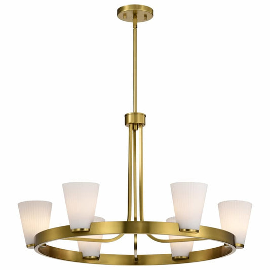 SATCO Nuvo Royale 60-8726 6-light chandelier with Burnished Brass finish and elegant ribbed white glass shades