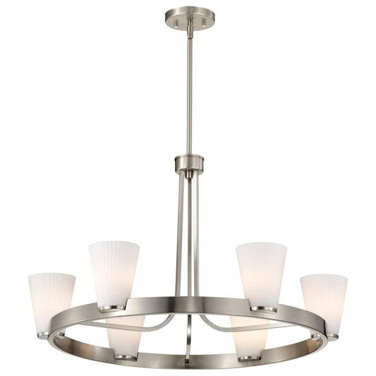 SATCO Nuvo Royale 60-8736 6-light chandelier with Brushed Nickel finish and elegant ribbed white glass shades